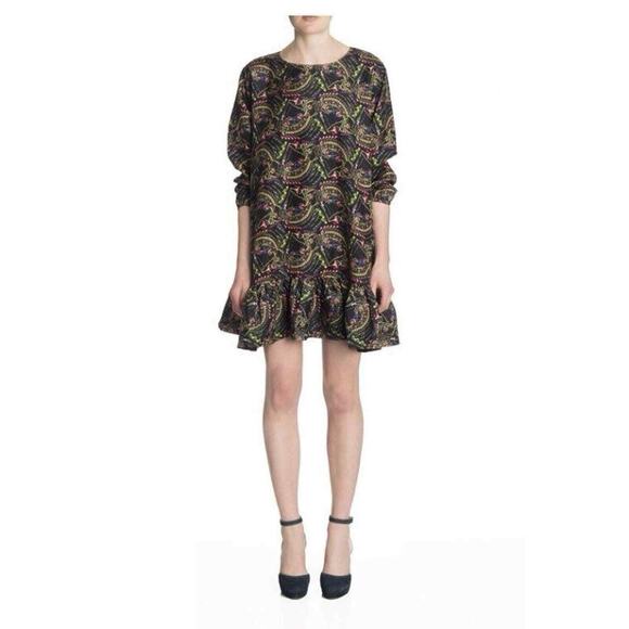 CYNTHIA ROWLEY Black Floral Ruffle Hem Swing Flounce Dress Long Sleeve 8 - Picture 1 of 4
